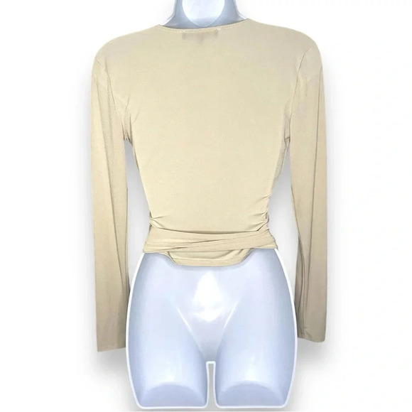 YMI Collections Beige Wrap Tie Blouse - Size S - Long Sleeve V-Neck Top - Picture 4 of 8